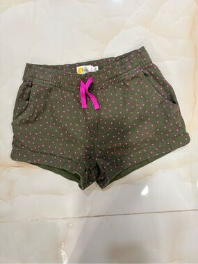 Boden Girls Khaki Green With Pink Heart Print Jersey Pull On Shorts Size 12Y